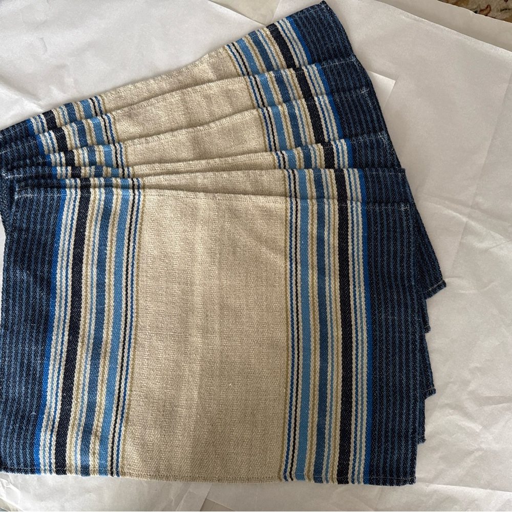 6 David Mellor Vintage Striped Blue/Cream Irish Linen Blend Placemats 12”x18”